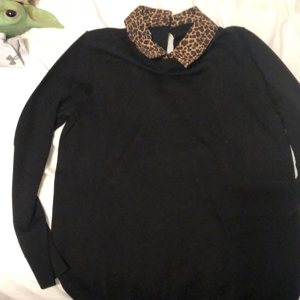 J Crew black sweater with leopard collar